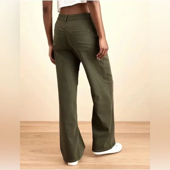 New American Eagle Super High Rise Baggy Wide Leg Jeans Olive Green 16 Short - Picture 2 of 7